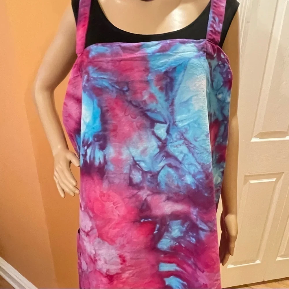 Tie Dye large Japanese wrap around apron  matching toque chef's hat purple blue